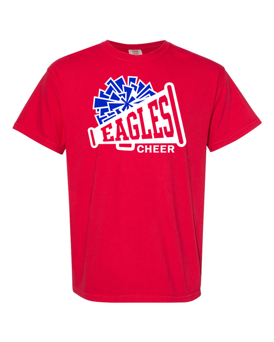 Red CG Eagles Cheerleading shirt with blue pom and white microphone